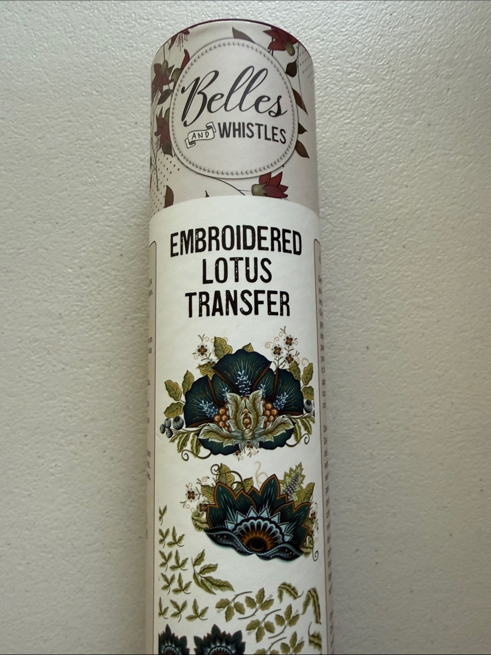 Embroidered Lotus Transfer — White with Teal and Gold Accents